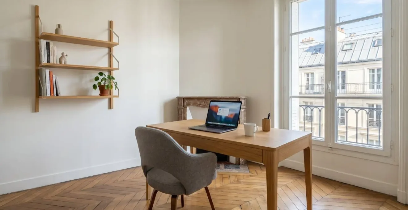 Vue grand angle d'un bureau à domicile dans un appartement français, ordinateur portable ouvert avec icône wifi sécurisé visible à l'écran, lumière naturelle fenêtre