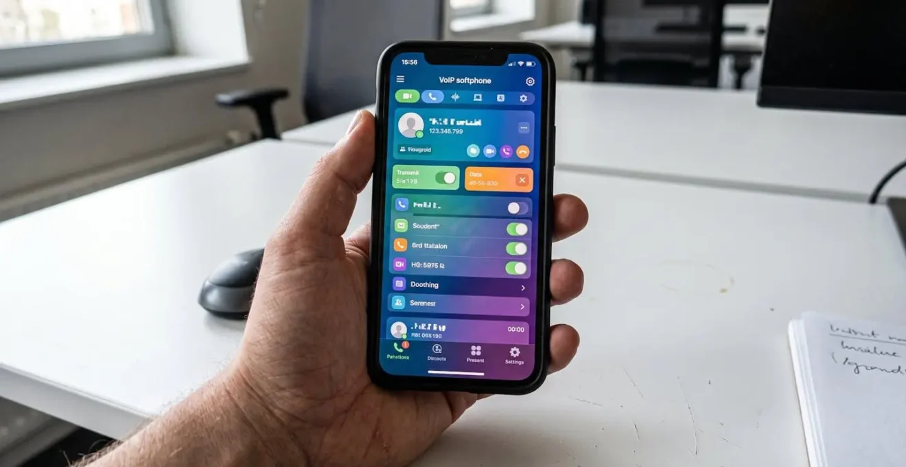 Gros plan d'une main tenant naturellement un smartphone moderne montrant une interface d'application VoIP avec liste de contacts