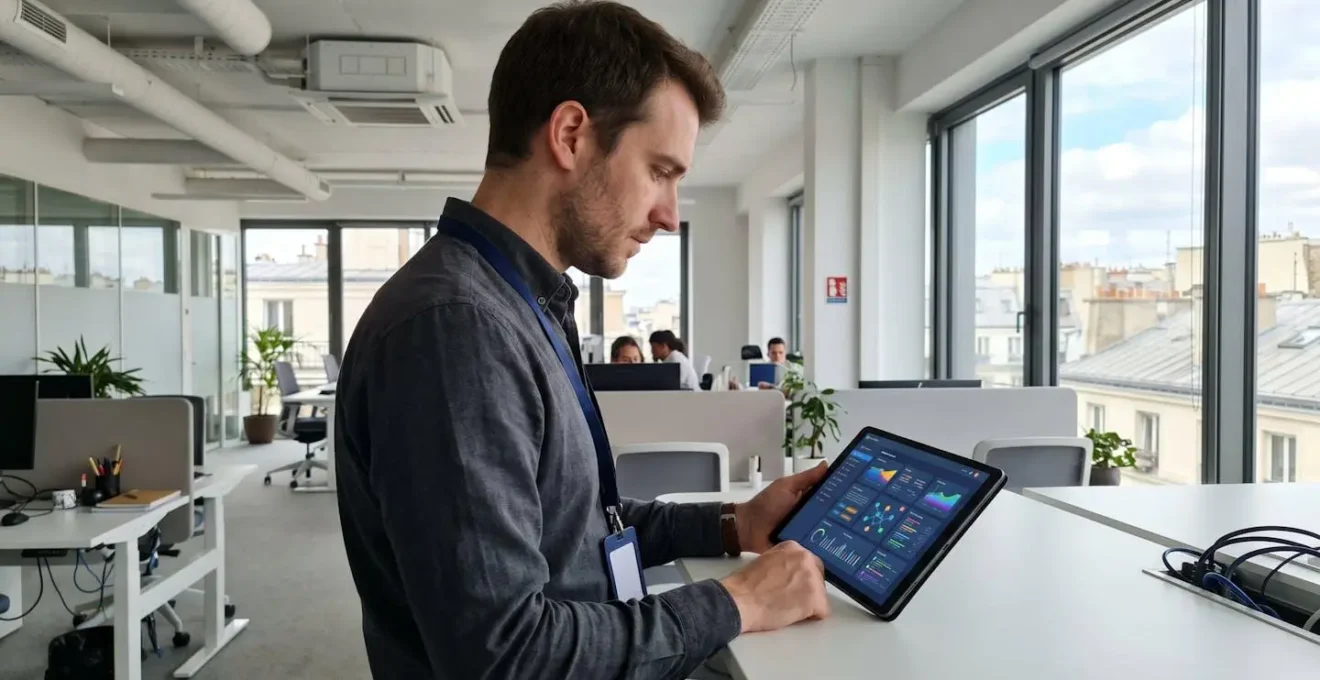 Un professionnel consulte sur tablette un tableau de bord affichant indicateurs qualité réseau et bande passante disponible pour VoIP
