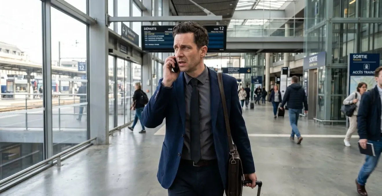 Professionnel vu de profil dans un espace de passage tentant de joindre son bureau, expression préoccupée