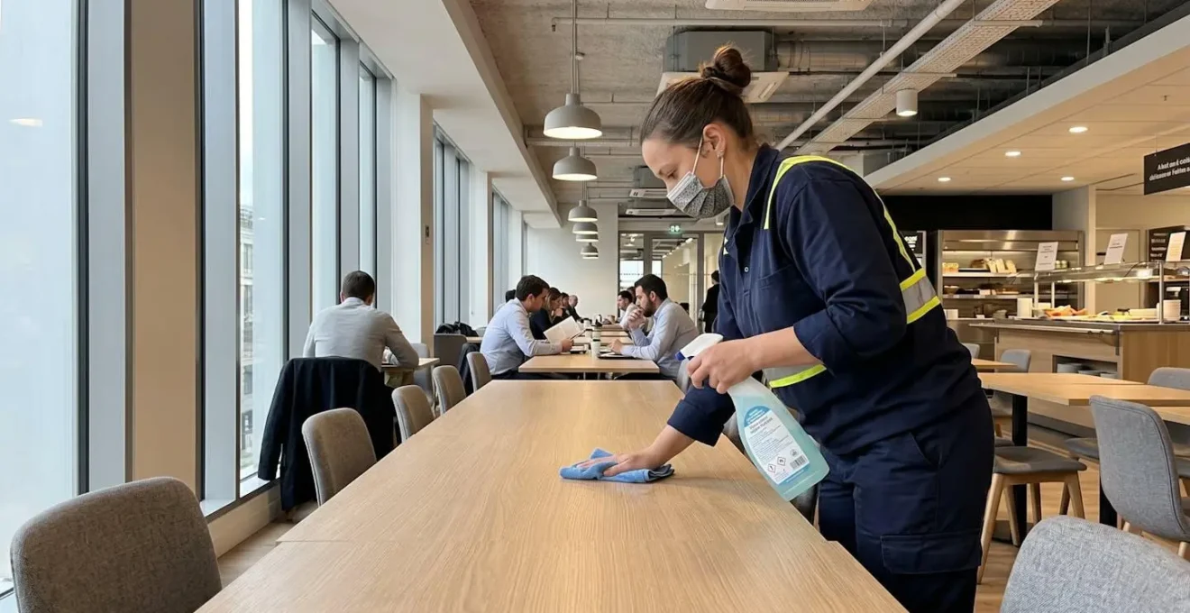 Agent d'entretien vu de dos nettoyant une table de réfectoire avec spray désinfectant et microfibre dans un environnement de restauration collective moderne