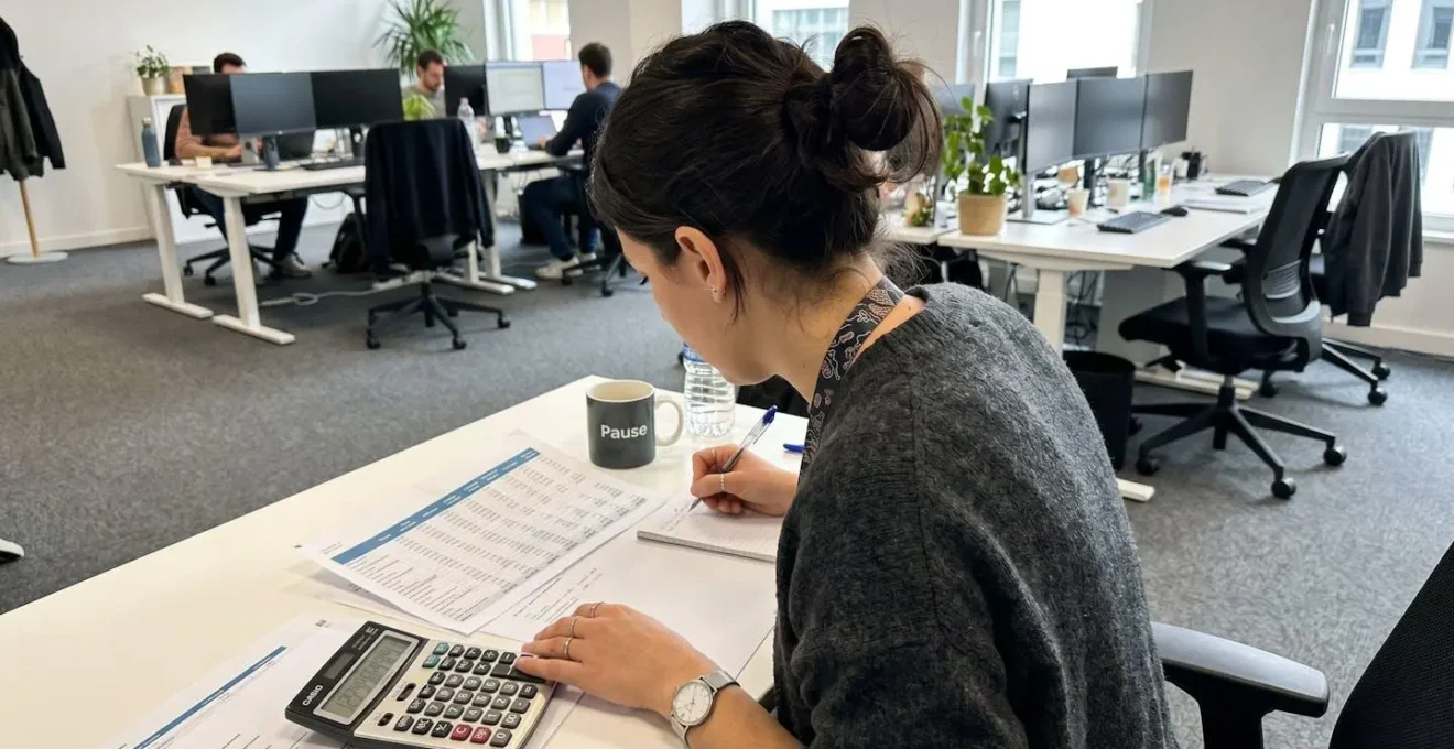 Personne vue de dos consultant des documents budgétaires et une calculatrice posée sur un bureau dans un espace de travail contemporain