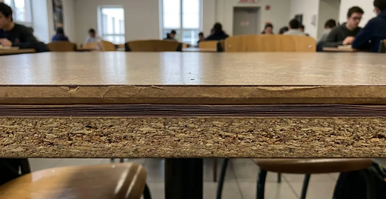 Vue macro de la tranche d'un plateau de table professionnel révélant les strates de matériau composite et l'épaisseur du revêtement de surface