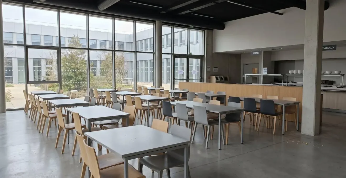 Réfectoire d'entreprise contemporain avec rangées de tables et chaises, éclairage naturel par grandes baies vitrées, aménagement épuré aux tons clairs