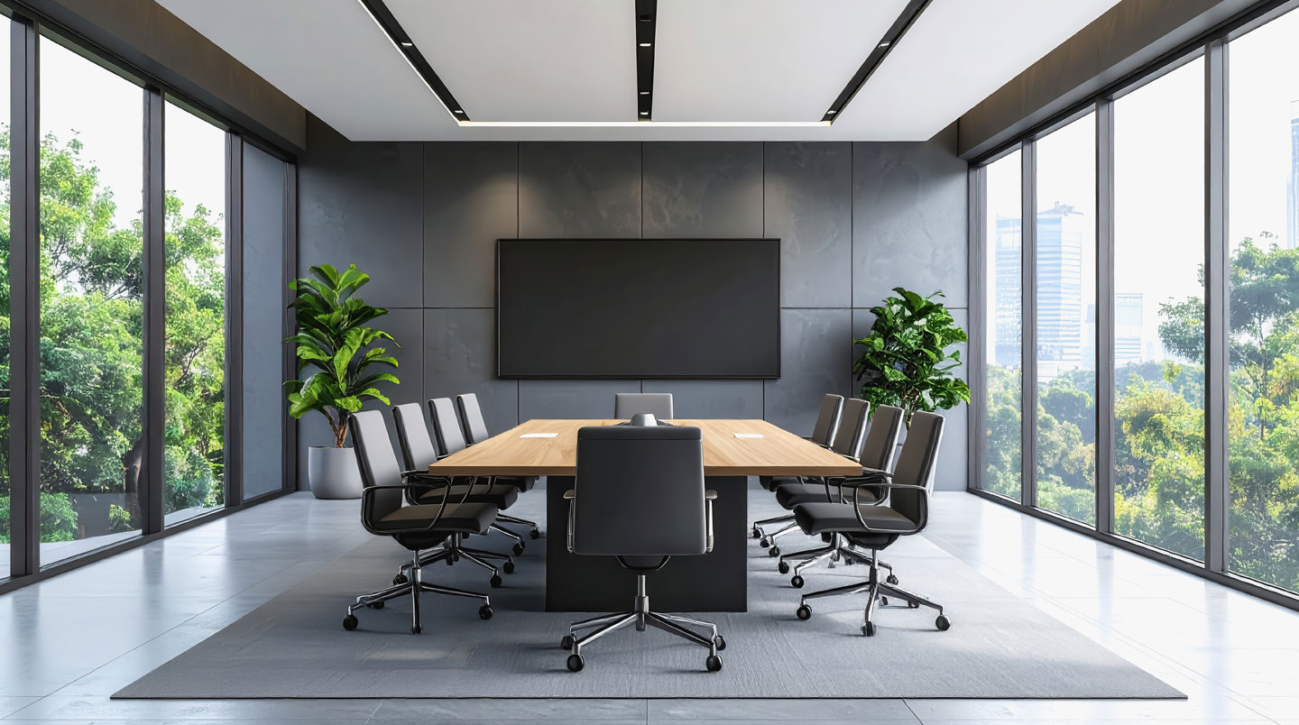 Système de visioconférence tout-en-un professionnel (barre audiovisuelle) installé sur table de réunion, environnement de bureau moderne