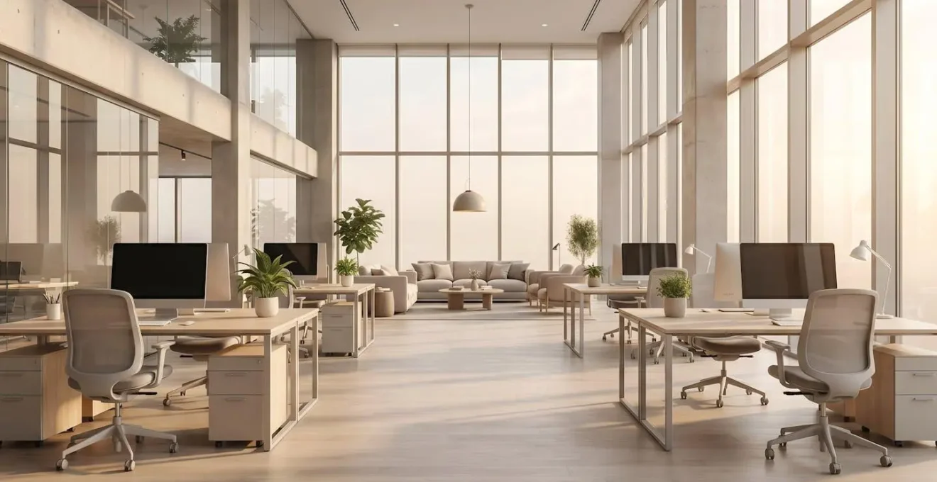 Vue d'ensemble d'un open space PME aménagé avec bureaux collaboratifs et zones de circulation dégagées