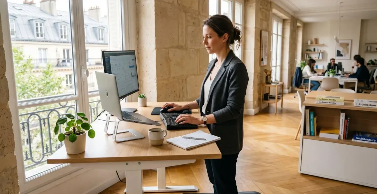 Collaborateur working en position debout à un bureau reglable en hauteur dans un espace professionnel lumineux