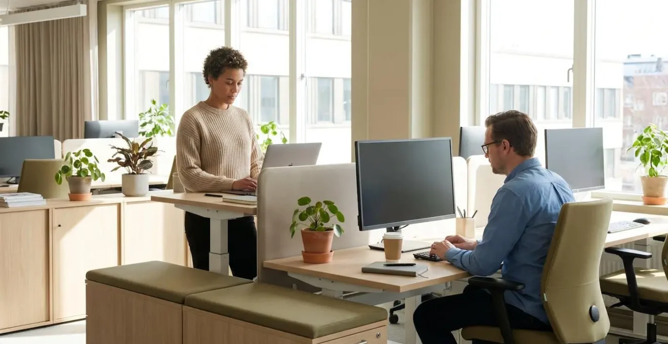 Collaborateurs dans un open space utilisant des bureaux électriques en position debout et assise alternée