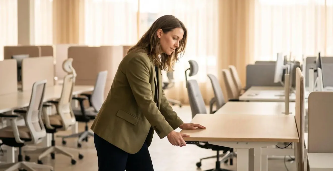 Directrice administrative testant un bureau électrique en hauteur dans un showroom de mobilier professionnel
