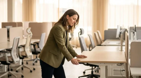 Directrice administrative testant un bureau électrique en hauteur dans un showroom de mobilier professionnel