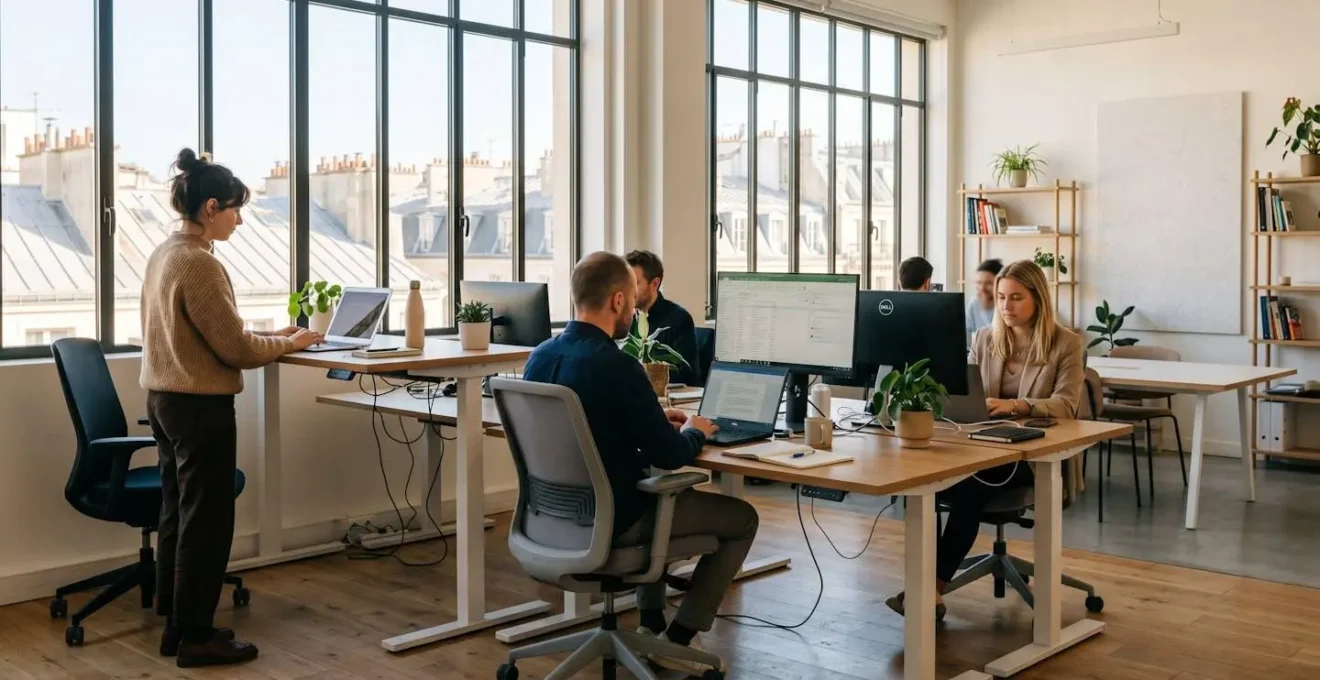 Open space professionnel aménagé avec des postes de travail ergonomiques, chaises réglables et bureaux modulables