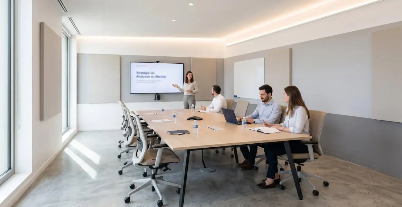 Salle de réunion professionnelle moderne avec table rectangulaire en bois clair, chaises ergonomiques, écran de présentation mural et panneaux acoustiques, éclairage indirect naturel