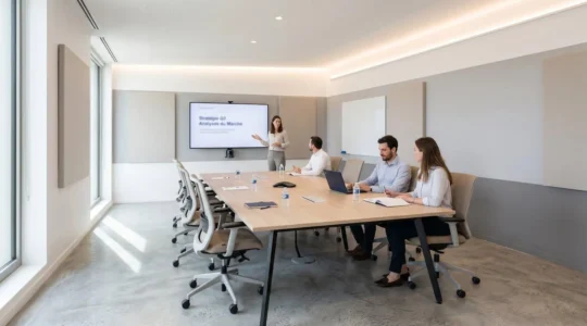 Salle de réunion professionnelle moderne avec table rectangulaire en bois clair, chaises ergonomiques, écran de présentation mural et panneaux acoustiques, éclairage indirect naturel