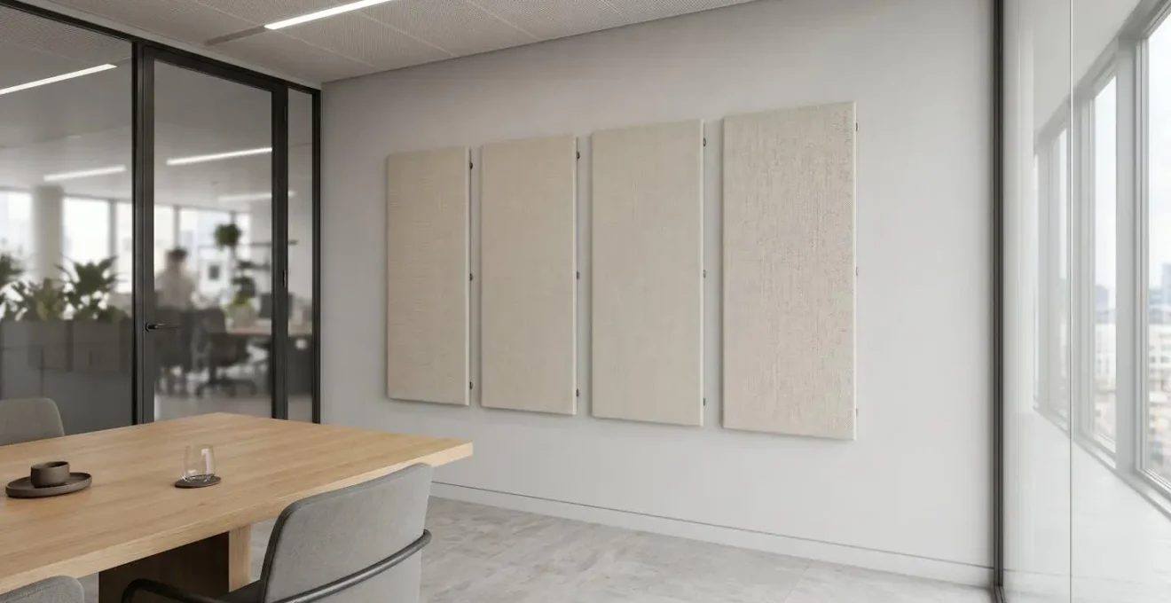 Salle de réunion vitrée équipée de panneaux acoustiques muraux rectangulaires gris clair, lumière naturelle abondante, mobilier contemporain