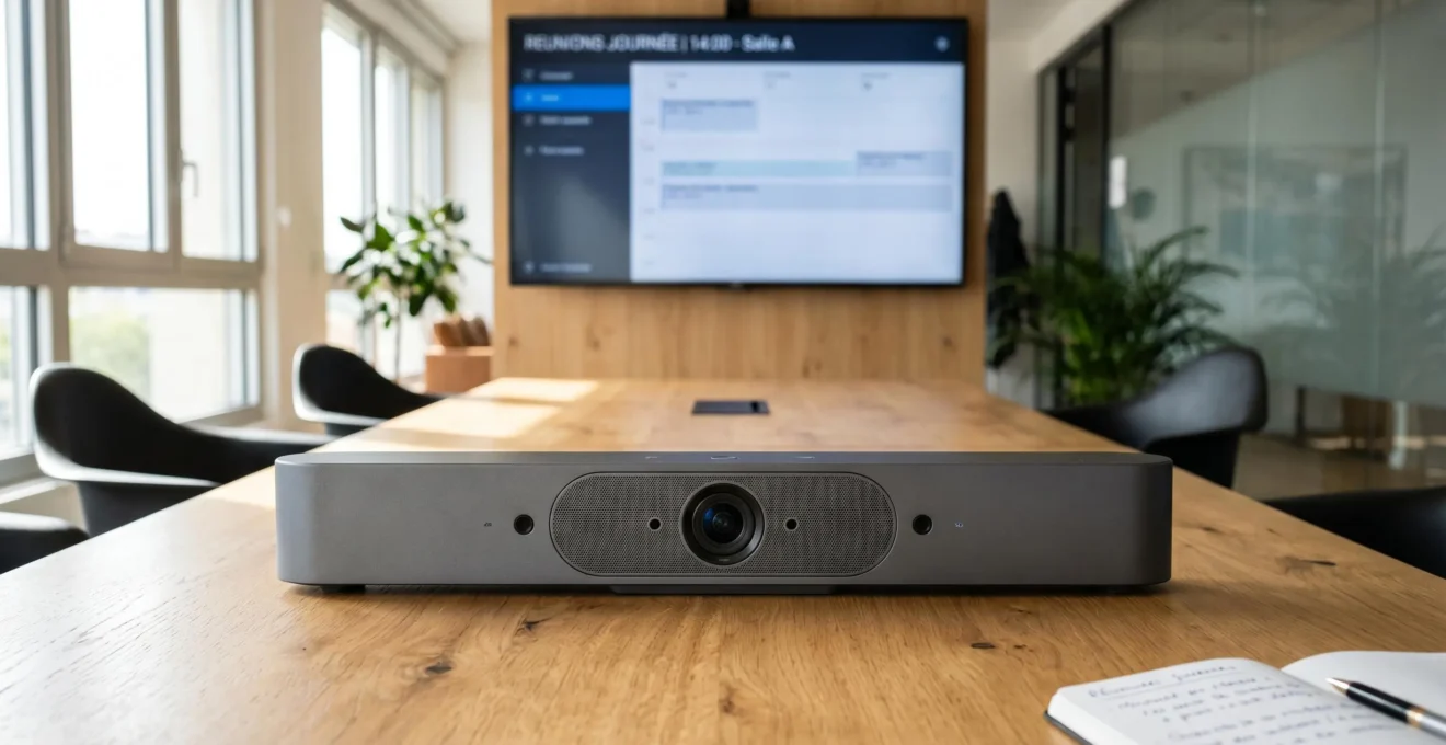 Système de visioconférence tout-en-un professionnel (barre audiovisuelle) installé sur table de réunion, environnement de bureau moderne