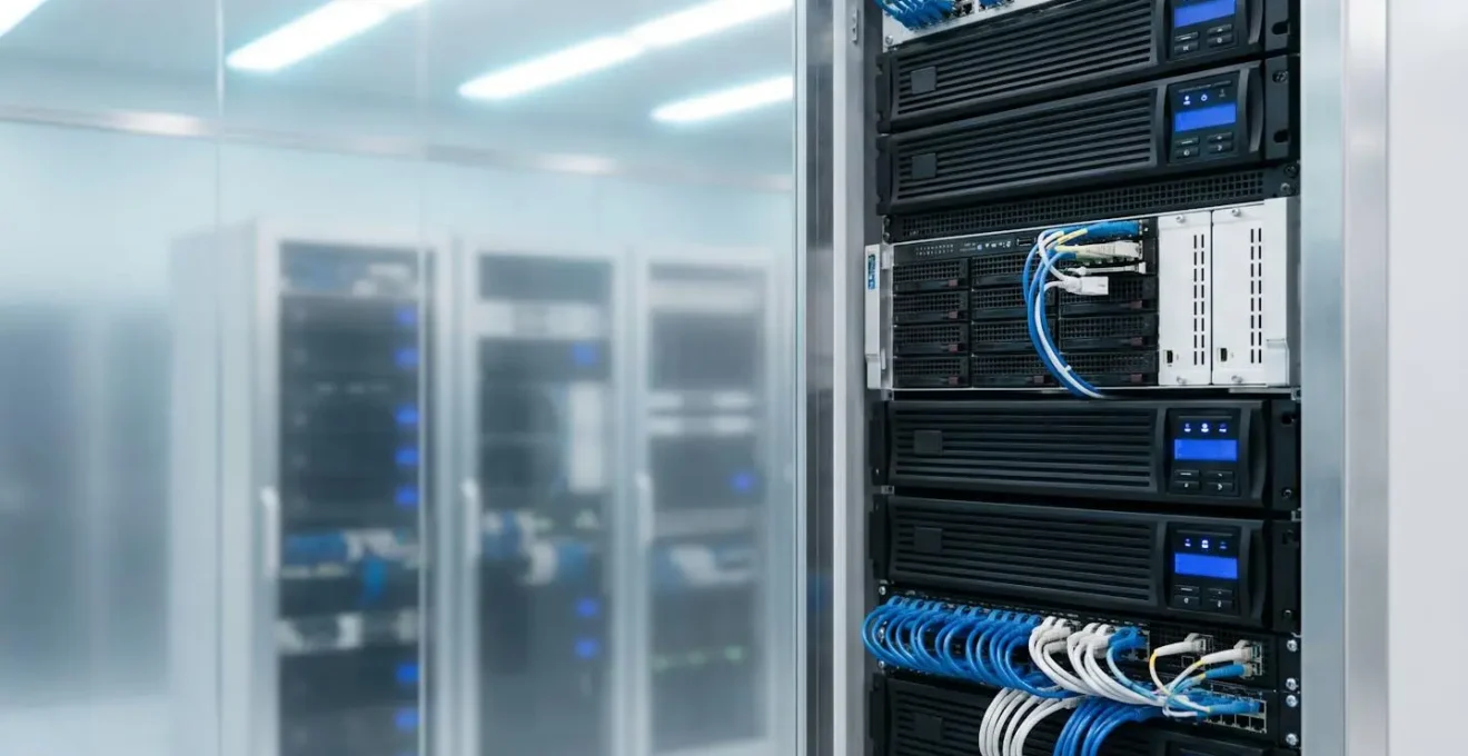 Salle serveur PME moderne avec onduleurs UPS installés dans racks, éclairage LED professionnel, environnement organisé et sécurisé