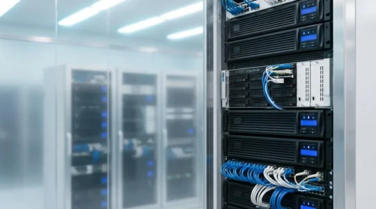 Salle serveur PME moderne avec onduleurs UPS installés dans racks, éclairage LED professionnel, environnement organisé et sécurisé