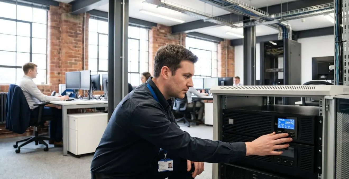 Technicien informatique vérifiant l'écran de contrôle d'un onduleur dans un bureau PME moderne