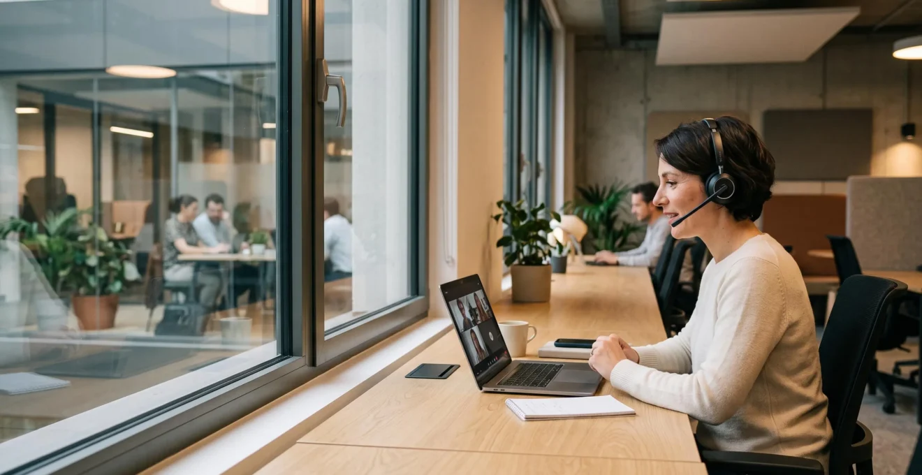 Professionnel utilisant un casque VoIP connecté à un ordinateur portable dans un espace de travail moderne