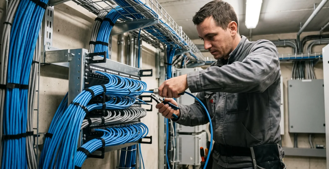 Technicien réseau installant des câbles ethernet sur un panneau de brassage pour infrastructure de téléphonie IP