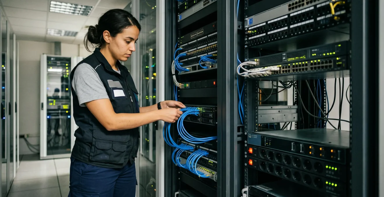 Technicien IT configurant un serveur de téléphonie IP dans un rack réseau d'une salle serveur d'entreprise