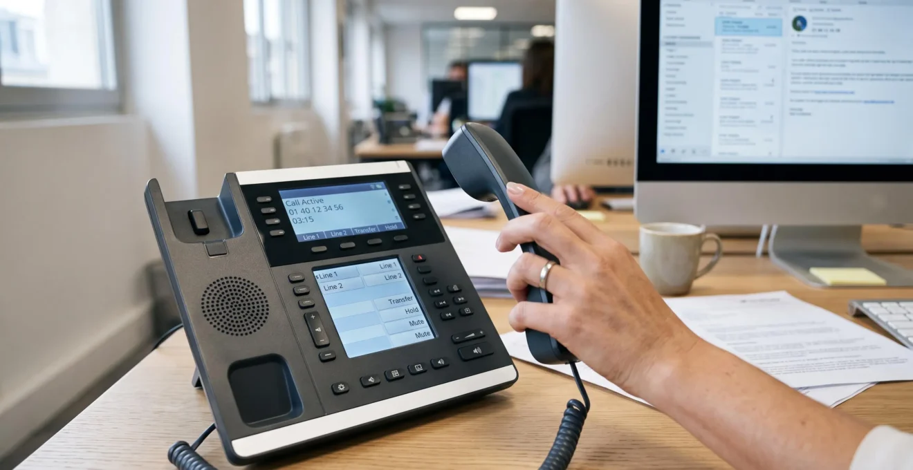 Main d'employé utilisant un téléphone IP professionnel sur un bureau d'entreprise moderne